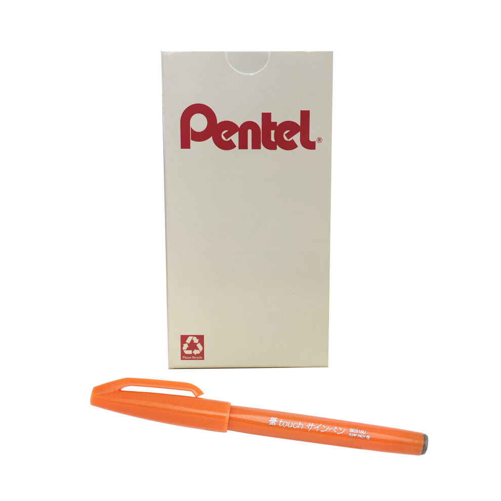 Pentel Arts Sign Pen Touch  Fude Brush Tip  Orange Ink  Box of 12 (SES15C-F)