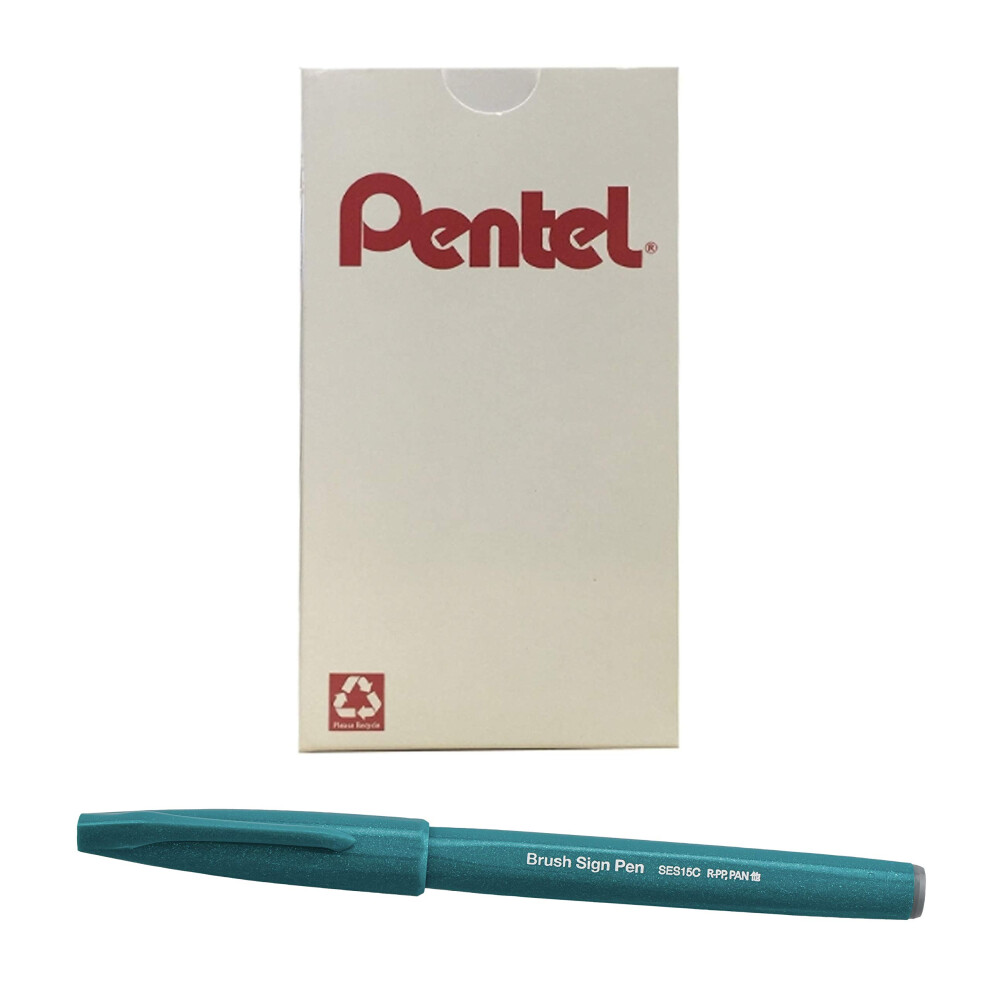 Pentel Arts Sign Pen Brush  Turquoise Green Ink  Box of 12 Pens