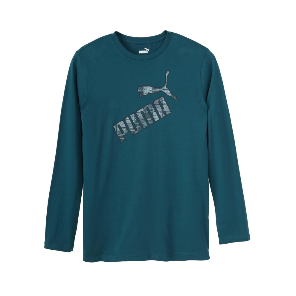 Puma Boys' Long Sleeve Graphic Tee  Logo Designs  Crewneck  Cold Green