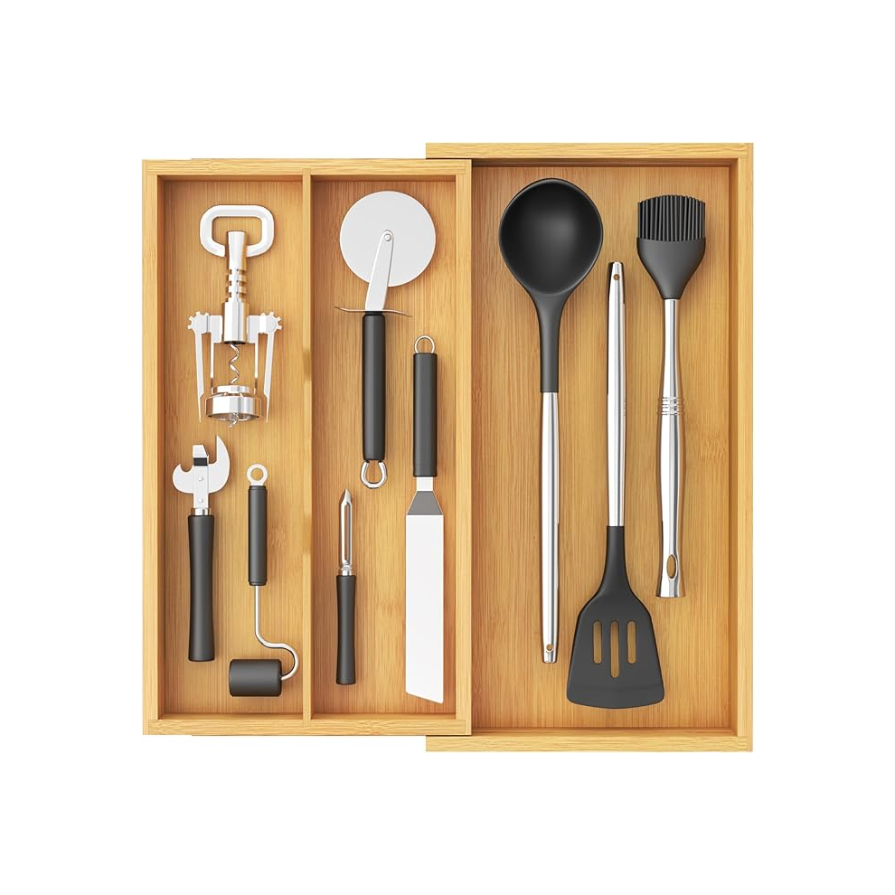Lifewit Cutlery Drawer Organiser, 3 Compartment Cutlery Tray Bamboo