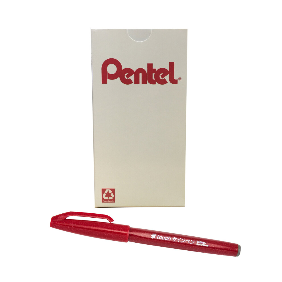 Pentel Arts Sign Pen Touch  Fude Brush Tip  Red Ink  Box of 12 (SES15C-B)
