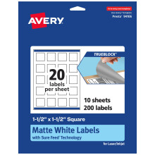 Etichette quadrate bianche opache Avery TrueBlock 1,5"""" x 1,5"""" 200 etichette stampabili fino al bordo con laser/getto d'inchiostro, ideali per l