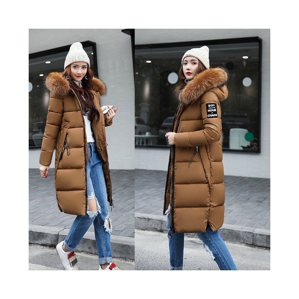 (Brown, M) Slim Womens Winter Coat Hooded Jacket Parka Warm Long Jacket Padded Outwear