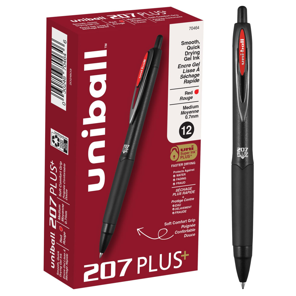 uniball 207 Plus+ Retractable Gel Pens 12 Pack in Red with 0.7mm Medium Point Pen Tips - Uni-Super Ink+ is Smooth  Vibrant  and Protects Against Water