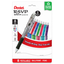 Pentel RSVP Super RT Ballpoint Pen  (0.7mm) Medium Line  Assorted Ink Colors  8 Pack with Bonus Black Ink Pen