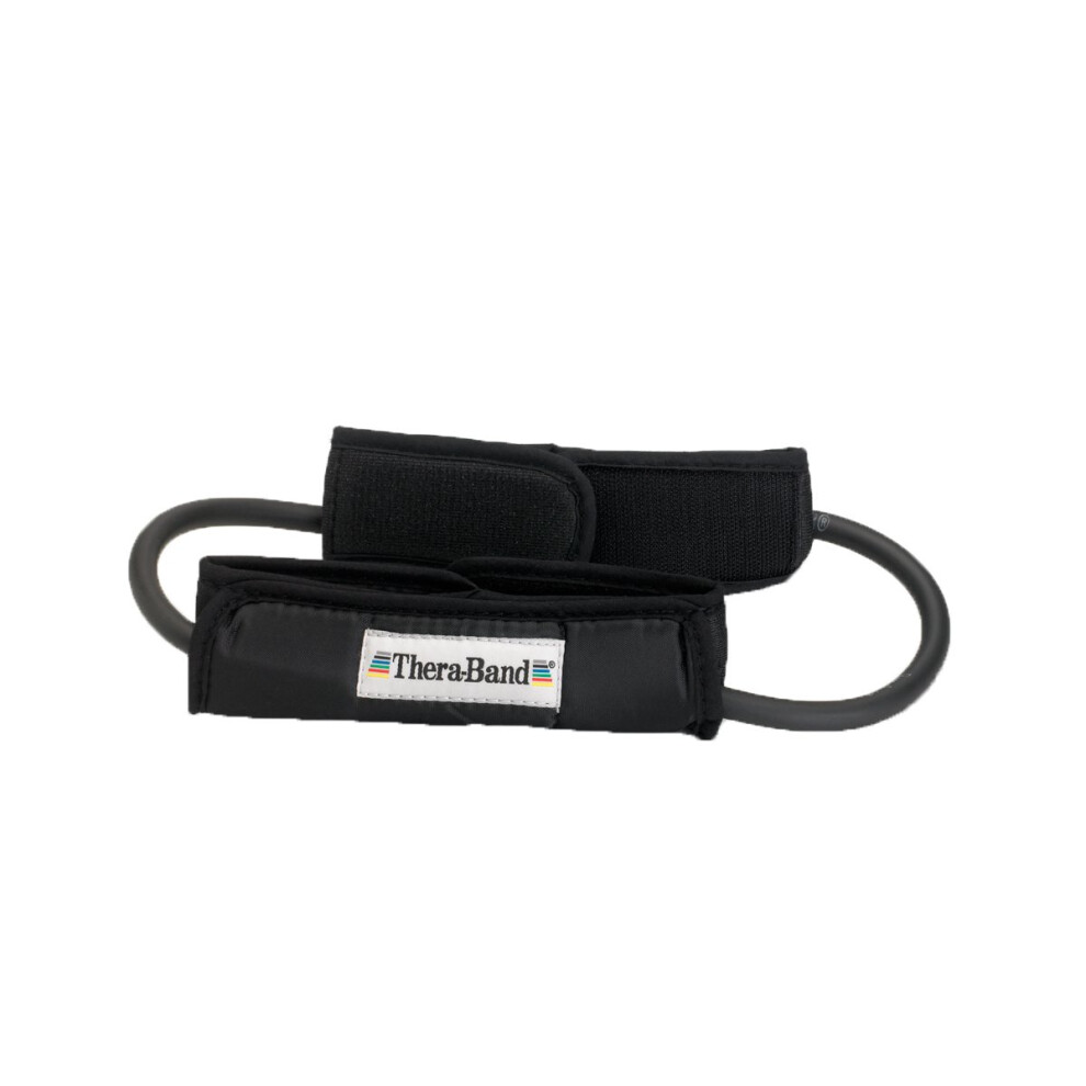 THERABAND Resistance Tubes  Professional Latex Elastic Tubing For Physical Therapy  Lower Pilates  At-Home Workouts  & Rehab  12 Inch  Padded Cuffs  B