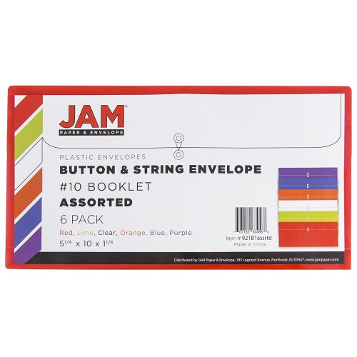 JAM PAPER Plastic Envelopes with Button & String Tie Closure - #10 Business Booklet - 5 1/4 x 10 - Assorted Colors - 6/pack 1