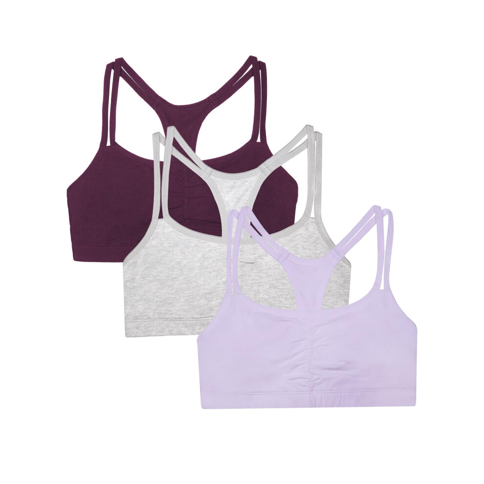 Fruit of the Loom Womens Spaghetti Strap Cotton Pull Over 3 Pack Sports Bra  Purple Velvet/Heather Grey/Lilac  32