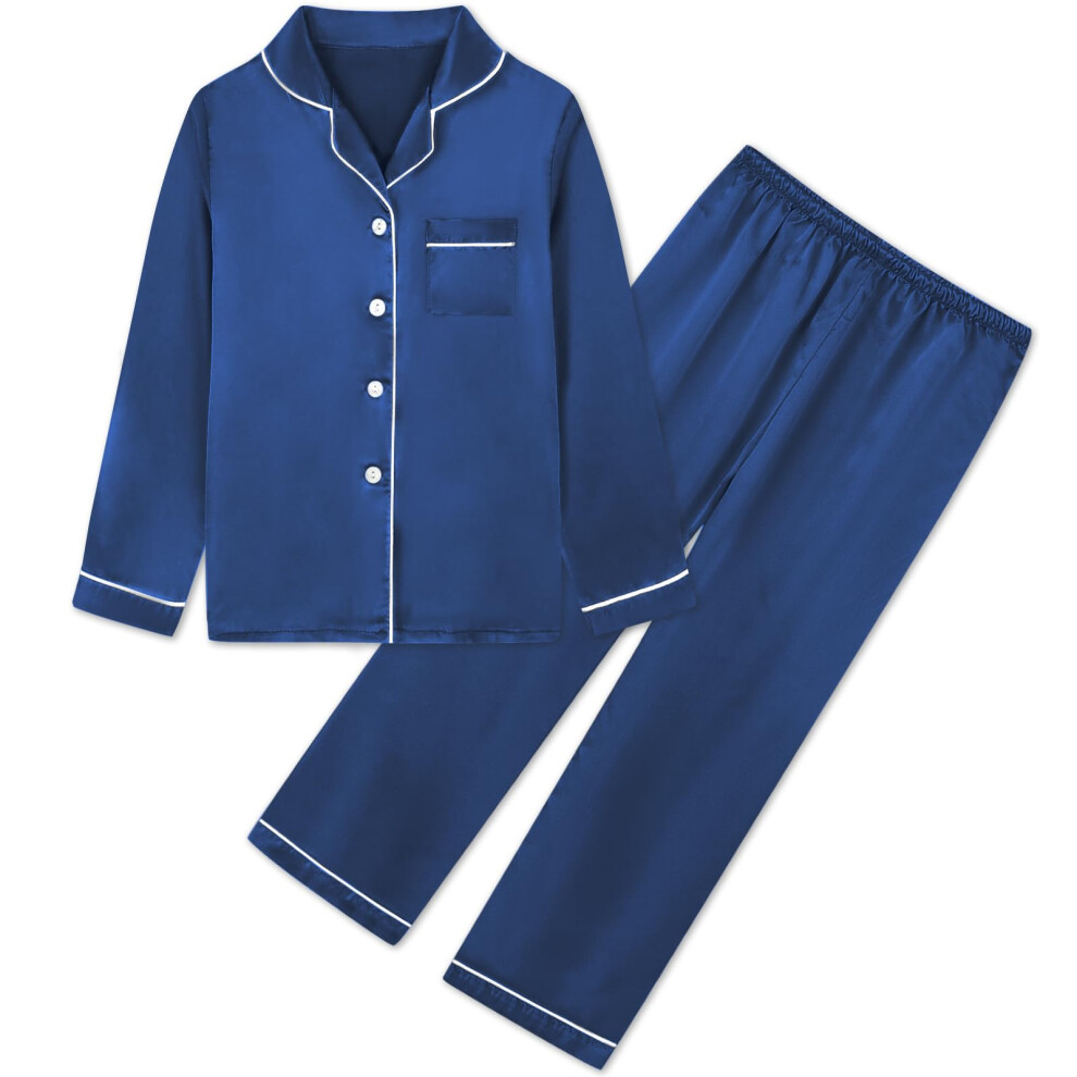 Ensemble pyjama en satin Umeyda pour enfants, ensemble 2 pièces à manches longues et boutonné, vêtements de nuit pour filles, bleu marine, 4-5 an