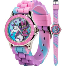 Disney Minnie Mouse Kids Time Teacher Watch med tim- och minutvisare Lttlst urtavla och glittersilikonrem - Rosa och bl analog klocka fr flic