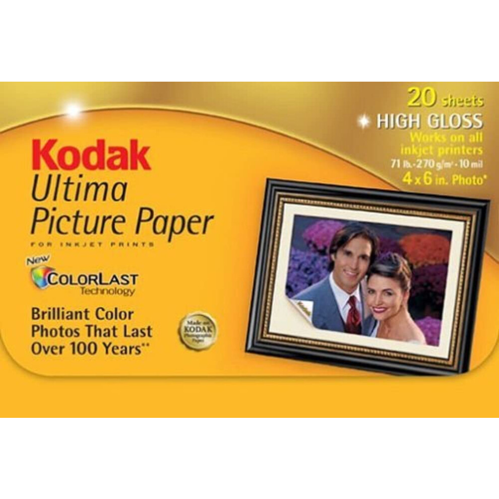 Papier photo Kodak Ultima High Gloss 4x6"" pour imprimante     jet d'encre, paquet de 20 feuilles