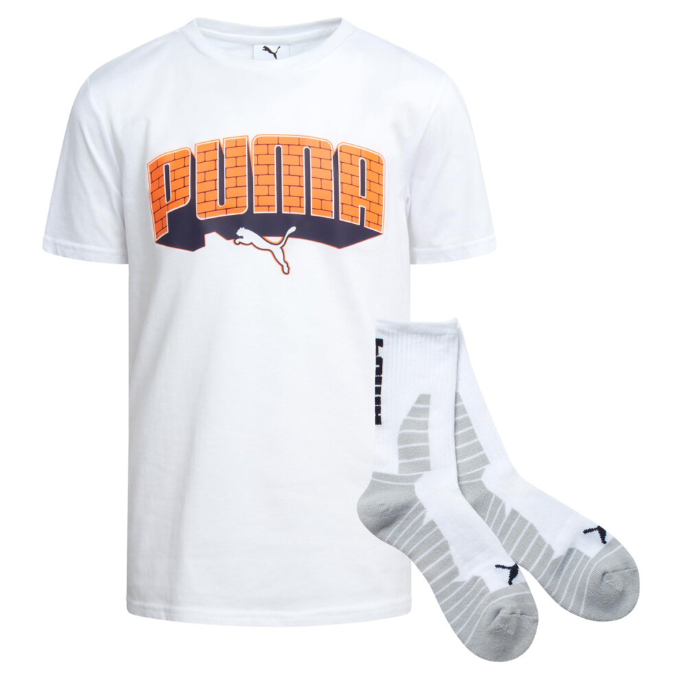 PUMA Boys' T-Shirt - 2 Piece Short Sleeve Graphic Tee and Athletic Crew Socks - Matching Shirt and Socks for Boys (S-XL)  Size Medium  White/Orange