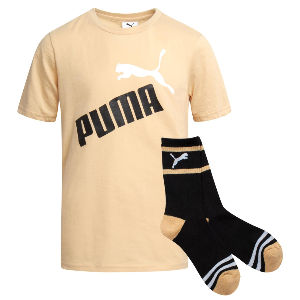 PUMA Boys' T-Shirt - 2 Piece Short Sleeve Graphic Tee and Athletic Crew Socks - Matching Shirt and Socks for Boys (S-XL)  Size Small  Sand