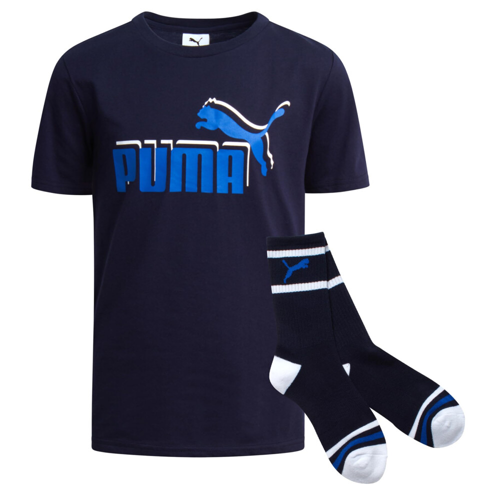 PUMA Boys' T-Shirt - 2 Piece Short Sleeve Graphic Tee and Athletic Crew Socks - Matching Shirt and Socks for Boys (S-XL)  Size Large  Navy/Blue