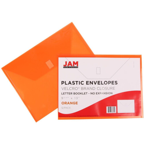 JAM PAPER Plastic Envelopes with Hook & Loop Closure - Letter Booklet - 9 3/4 x 13 - Orange - 3/Pack 1