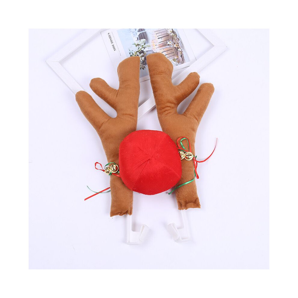 (Khaki) Christmas Decoration Car Reindeer Antlers Set Ornaments Nose Bells Gift Xmas Red