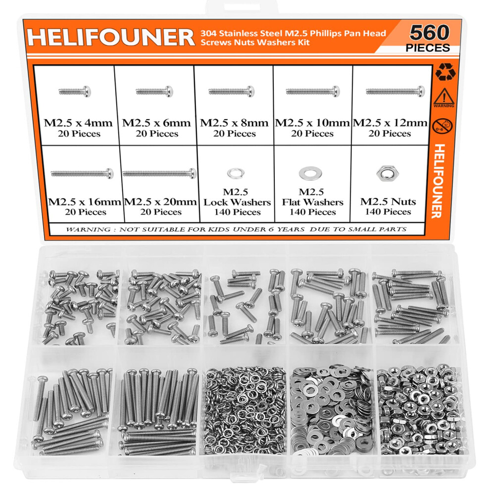 Helifouner 560 Pieces M2.5 X 4Mm /6Mm /8Mm /10Mm /12Mm /16Mm /20Mm Phillips Pan Head Machine Screws Metric Screws Bolts Washers Nuts Kit 304 Stainl 749355452958