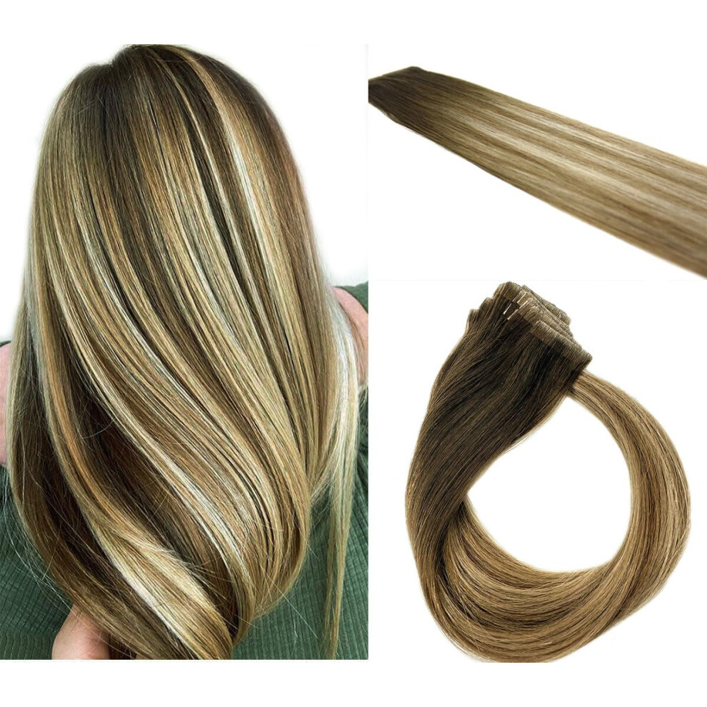 Vlasy De Ville 20 Pcs X 18"""" Inches Invisible Pu Tape In Machine-Injected Remy Human Hair Extensions (Balayage Ash Blonde Mix)