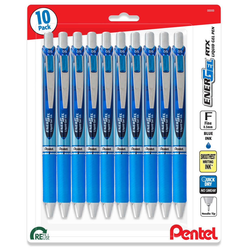 Pentel Energel 0.5 mm Needle Tip Pens - Rtx Retractable Liquid Gel Pen - Blue Ink - Pack of 10