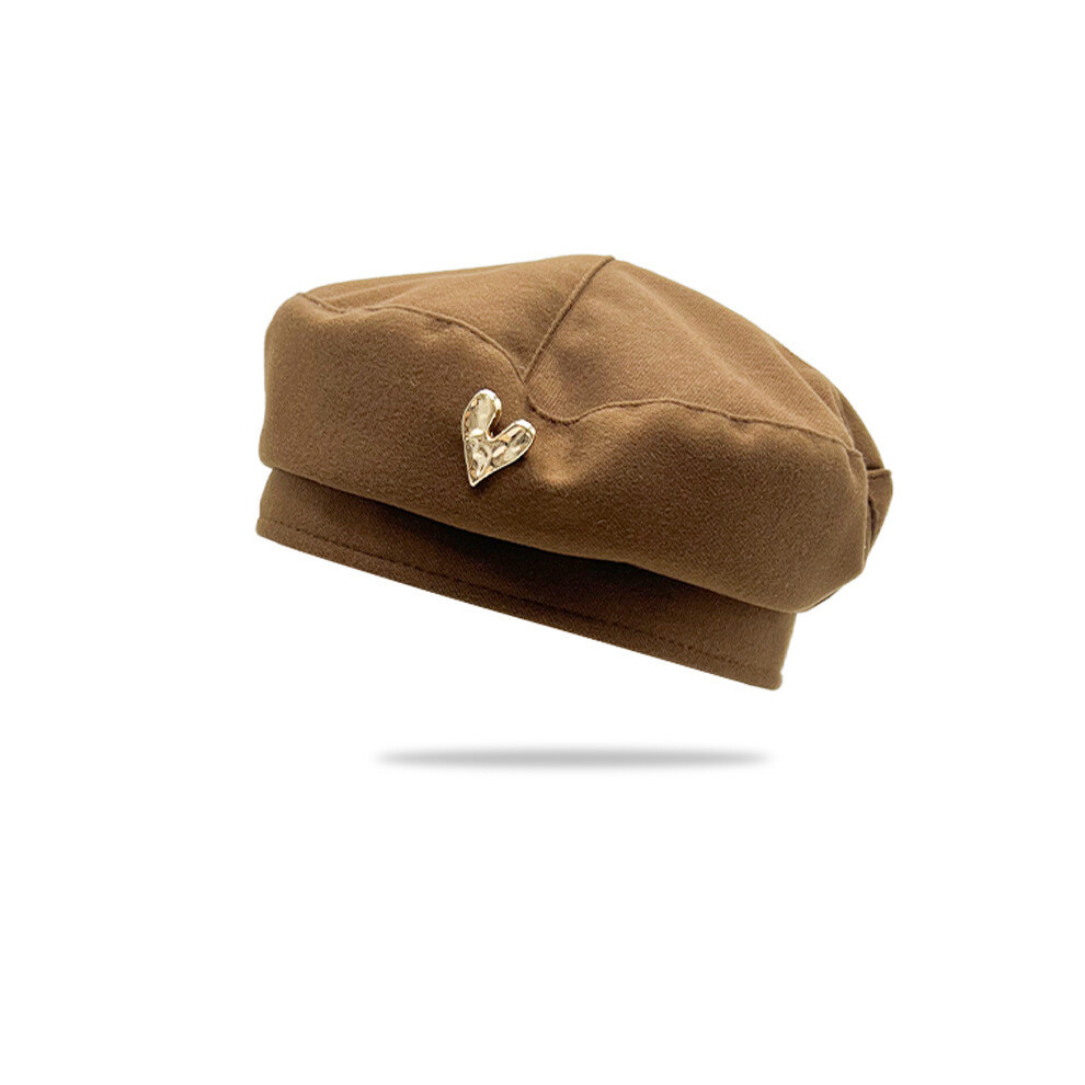(Coffee) Love Metal Embellished Beret Solid Color Winter Octagonal Hat Outdoor Activities-image-OPC-PGST6VZ-NEW