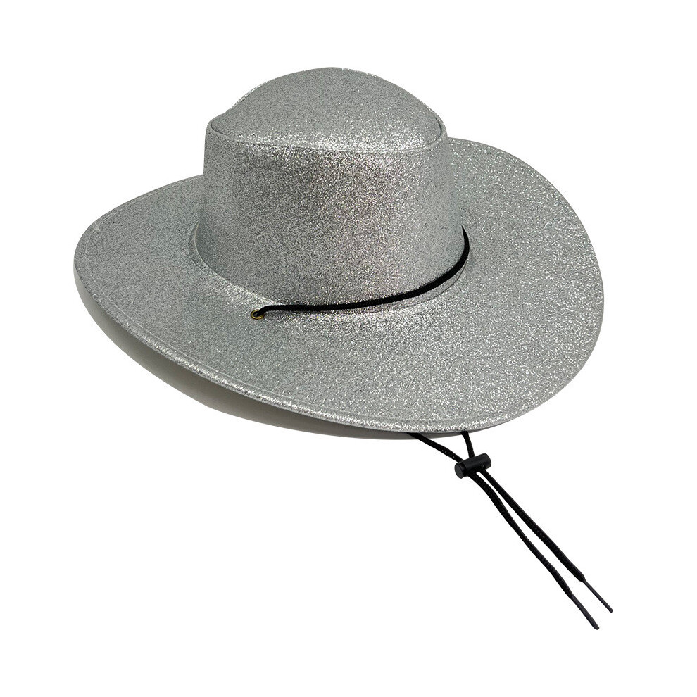 (Silver) Western Cowboy Hat Drawstring Wide Brim Outdoor Sun Cap Protection Breathability-image-OPC-PGST6YQ-NEW