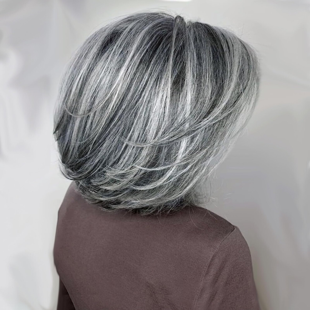 Jolelyne Unisex Black,Silver,Grey Silver Gray Wavy Bob Layered Wigs With Curtain Bangs For Women Short Light Grey Wig Layered Curly Bob Highlight Pixie Cut Wig For Black Women