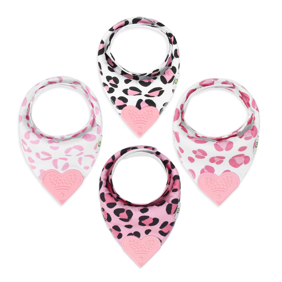 Uhorka A Olivy Pickle & Olive - Baby Bandana Girl Teething Bibs With Attached Silicone Teether - Set Of 4 -Leopard