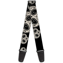 Guitar Strap Panda Bear Sugar Skull Close Up Scattered Black Cream 2 Inches Wide