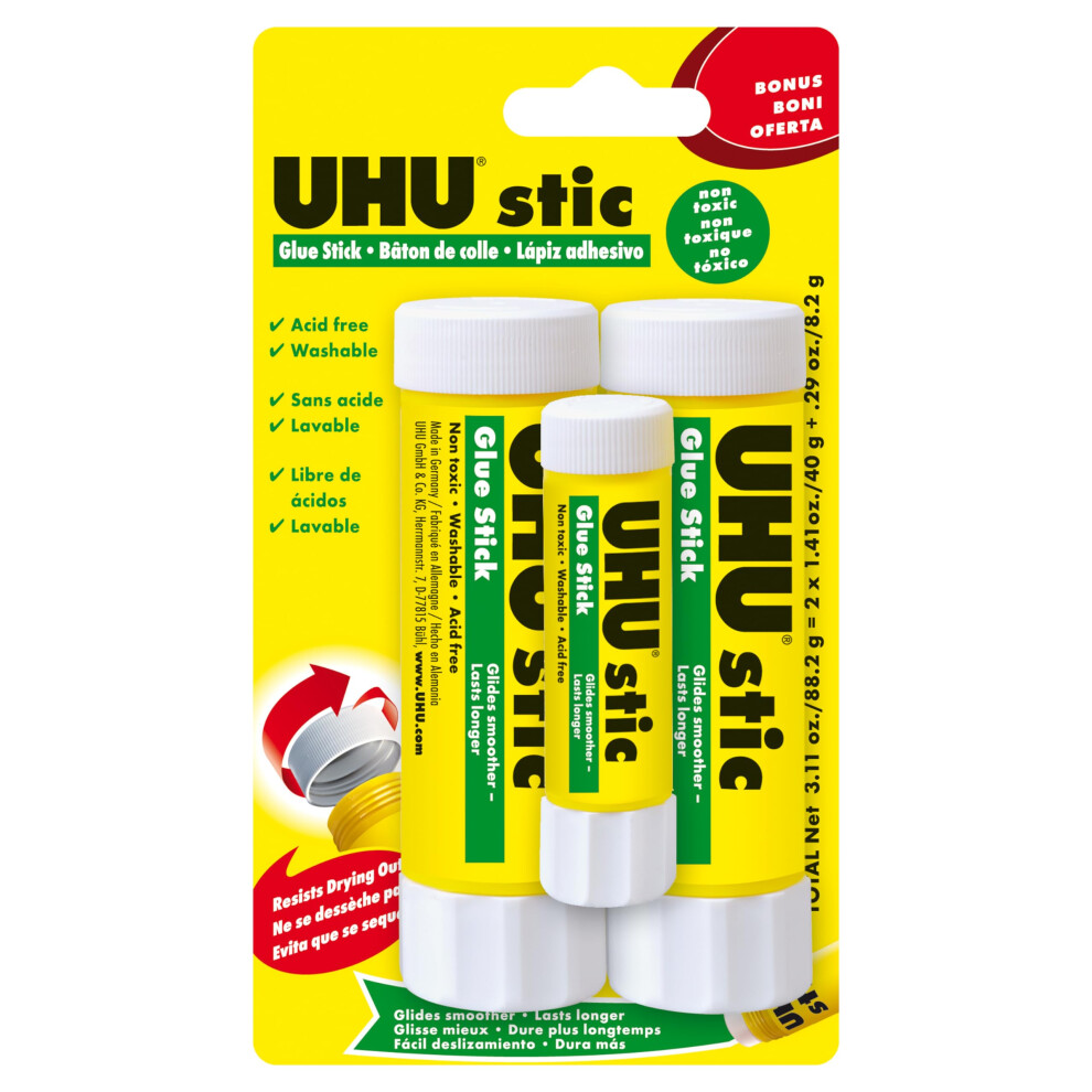 UHU Stic  Glue Stick Solvent Free  Washable  Screw on Cap  for School  Crafts  Scrapbooking 2 x 40g + Bonus