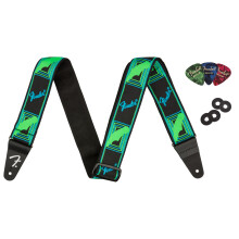 Fender neon monogram 2-tums gitarrrem - bltt och grnt paket med remblock och val
