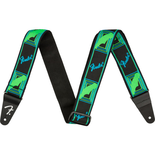 Fender Correia de guitarra de 2 polegadas com monograma Fender Neon - pacote azul e verde com blocos de cinta e palhetas 1