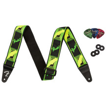 Fender neon monogram 2-tums gitarrrem - grnt och gult paket med remblock och val