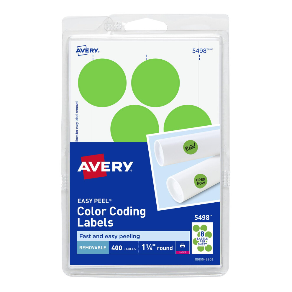 tiquettes couleur amovibles Avery 5498 pour imprimantes laser, rondes, 3,25 cm (1-1/4 po), vert fluo (paquet de 400)