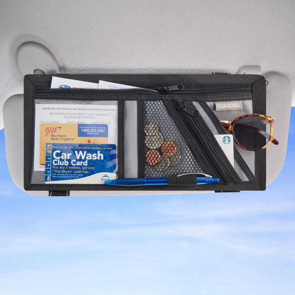 High Road Car Visor Organizer With Secure Zip Pockets Sunglasses Holder And Clear Registration And Insurance Pocket - Heavy Duty Straps Fit Most Car 088838850882