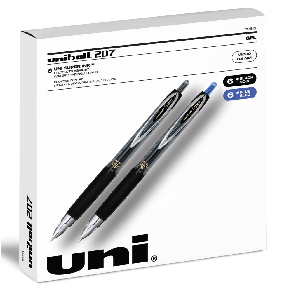 Uniball Signo 207 - Retractable Gel Pen  0.5mm Micro Point  12 Pack (6 Black & 6 Blue)