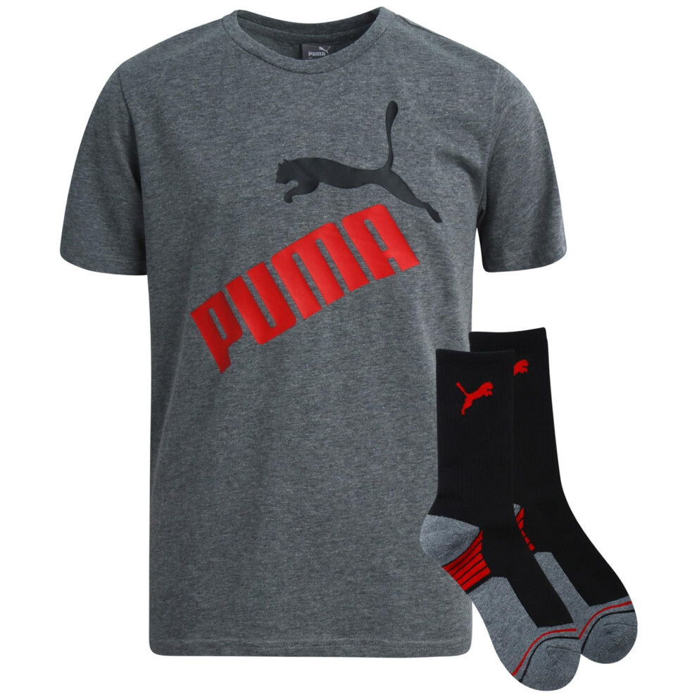 PUMA Boys' T-Shirt - 2 Piece Short Sleeve Graphic Tee and Athletic Crew Socks - Matching Shirt and Socks for Boys (S-XL)  Size Medium  CharcoalRed