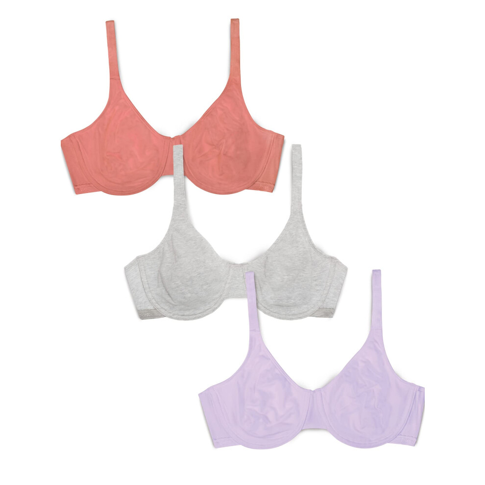Fruit Of The Loom Women's Unlined Underwire Bra-Cotton & Spandex Blend For Natural Shape And Flexibility Desert Dusk/ Whisper Grey/Lilac