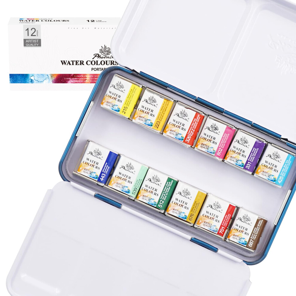 PHOENIX Artist Grade Watercolor Paint Set - 12 Colors Half Pans Palette Quality Pigment Watercolor Travel Set Portable Tin Box for Adults  Professiona