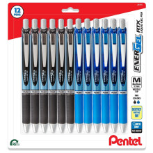 Pentel RTX Energel Liquid Gel Ink Pens 0.7 mm - Pack of 12 Needle Tip Medium Point Pens - 6 Black And 6 Blue