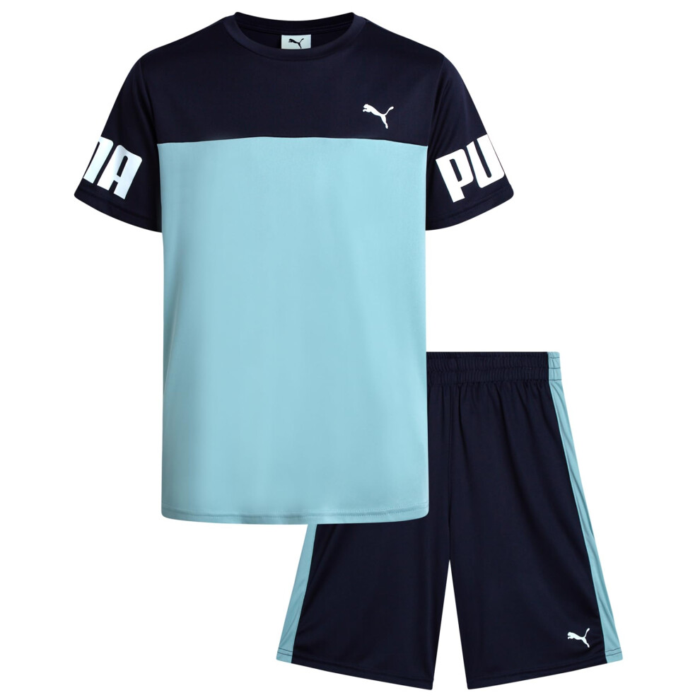 PUMA Boys' Active Shorts Set - 2 Piece Dry Fit T-Shirt and Performance Gym Shorts - Activewear Clothing Set for Boys (8-16)  Size 8  Navy