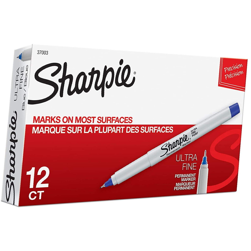 Sharpie 37003 Ultra-Fine Permanent Marker  Marks on Paper and Plastic  Resist Fading and Water  AP Certified  Blue Color  12 Count - 1 Pack
