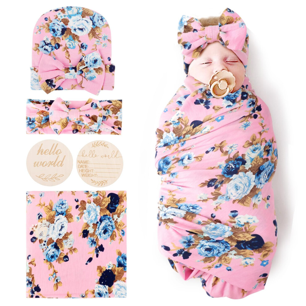 DRESHOW BQUBO Couvertures de réception florales pour bébé fille nouveau-né avec nœud, chapeau, bandeau, carte d'annonce de naissance en bois, ens