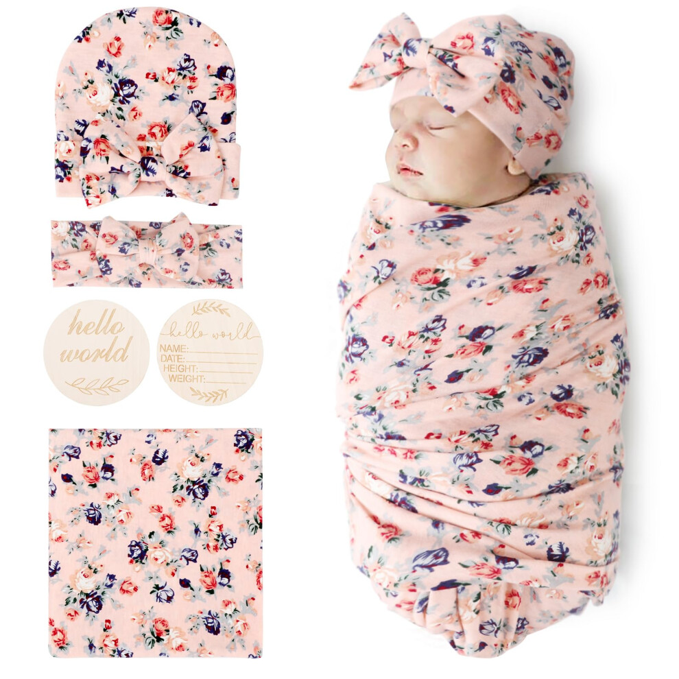 Couverture de réception pour nouveau-né BQUBO pour bébé fille avec nœud, chapeau, bandeau, carte d'annonce de naissance en bois, lange d'emmaillo