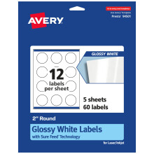 Avery Round Labels with Sure Feed  2"""" Diameter  60 Glossy White Labels (36495)