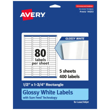 Avery Rectangle Labels with Sure Feed  0.5"""" x 1.75""""  400 Glossy White Labels (36445)