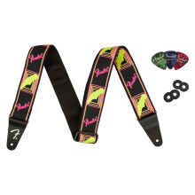 Fender neon monogram 2-tums gitarrrem - rosa och gult paket med remblock och val