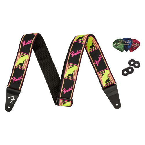 Fender Correia de guitarra de 2 polegadas com monograma Fender Neon - pacote rosa e amarelo com blocos de cinta e palhetas