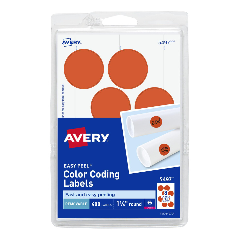 tiquettes de codage couleur amovibles Avery pour imprimantes laser, rondes, 1,25 pouce, paquet de 400 (5497)