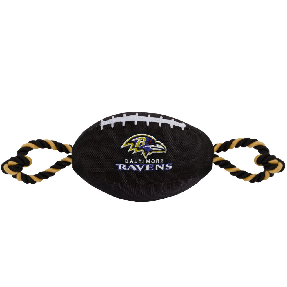 Pets First NFL Baltimore Ravens Football Dog Toy Tough Quality Nylon Materials Strong Pull Ropes Inner Squeaker NFL Team Color