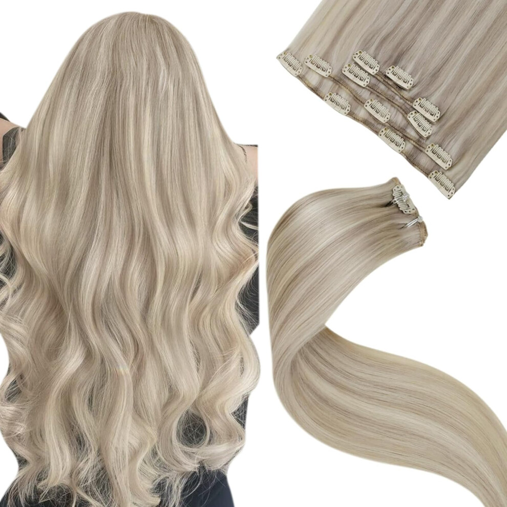 Laavoo Unisex Clip In Human Hair Extensions 20 Inch Ash Blonde Highlights With Bleach Blonde Real Hair Extensions 5Pcs 80G